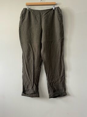 Flax Wide-Leg Tapered Barrel Linen Pants in Dark Olive green Large
